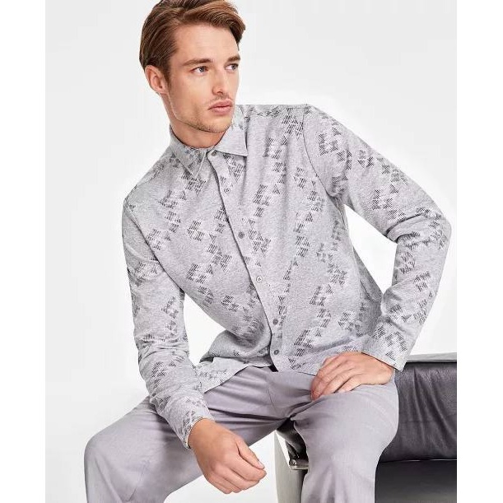 Alfani Mens XL Silver Cloud‎ Jacquard Knit Button Down Long Sleeve Shirt NEW